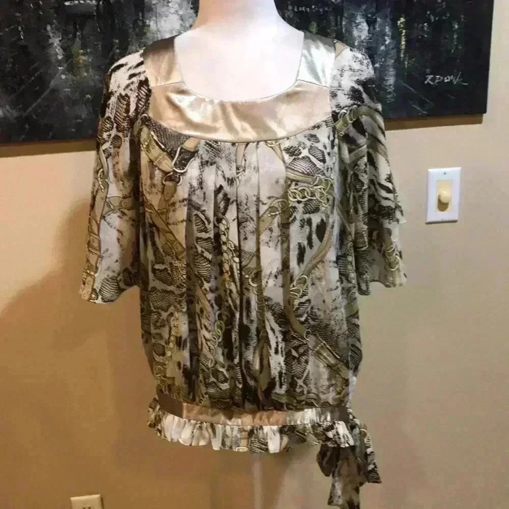 Madison Paige Gold Trim Square Neck Pleated Front Side Tie Top w/Bell Sleeves-M